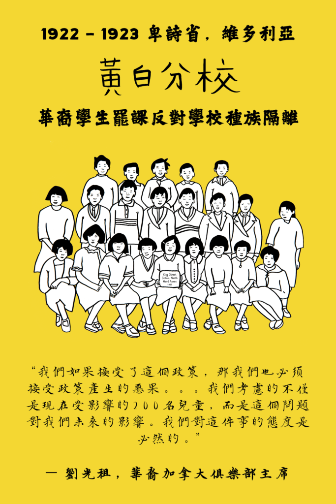 Black and white hand-drawn illustration of Chinese school children in a posed class photo from the 1900s against a mustard yellow background. Chinese text appears above the illustration with the heading "1922-23 Victoria, BC 黄白分校 Chinese students strike against segregated schools," and a quote by Low Kwong Joe appears below